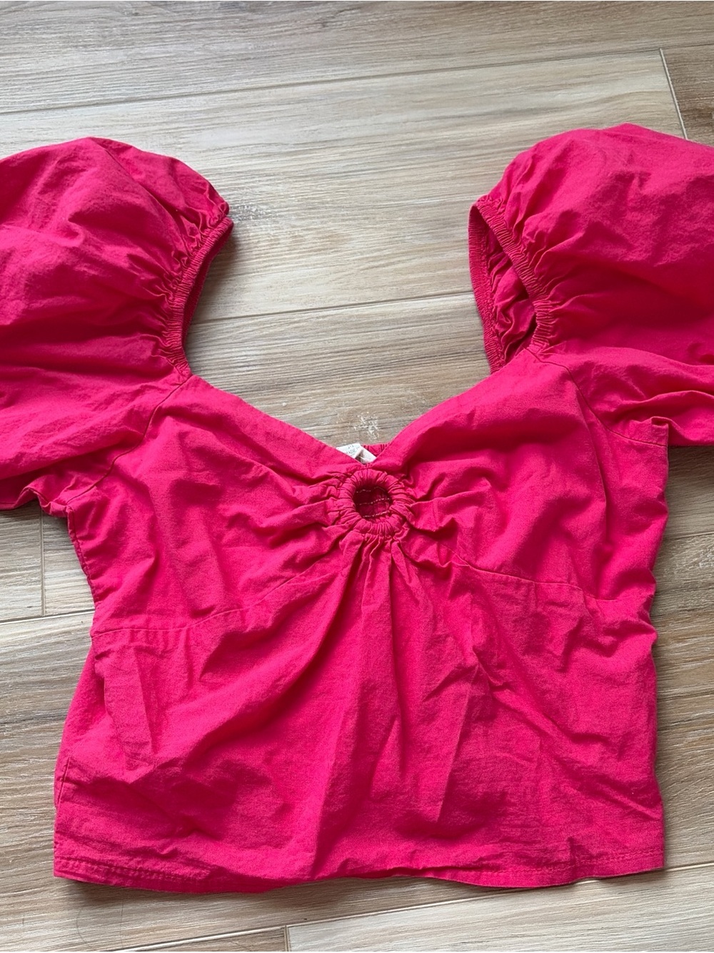 T.J.Maxx Bright Pink Puff Sleeve Ring-Front Crop Top